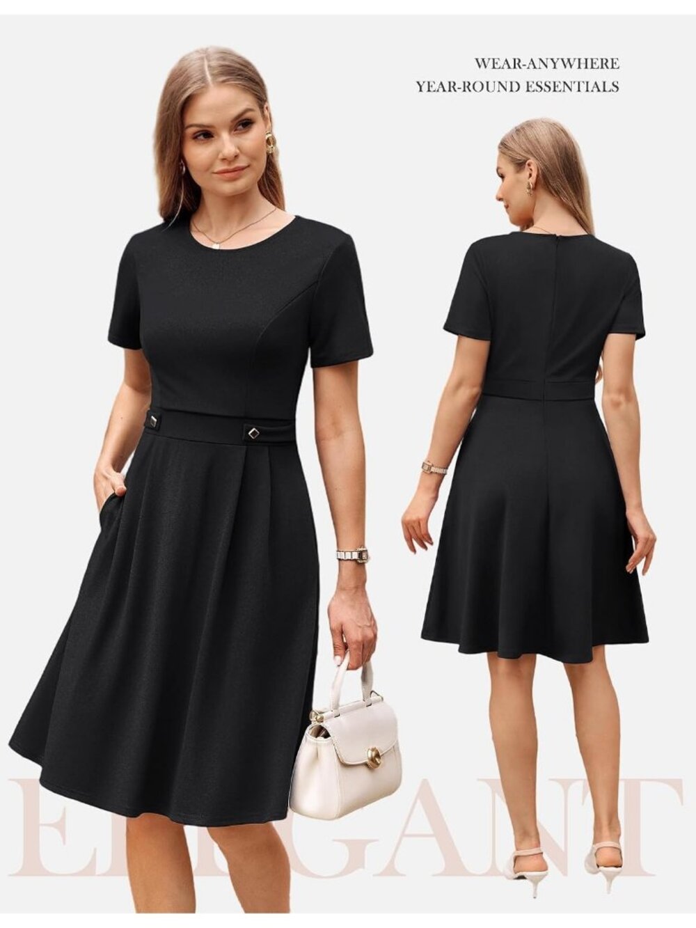 〽️ Women's Black Short Sleeve A Line Pockets Church Work Office Midi Dress - Picture 6 of 6